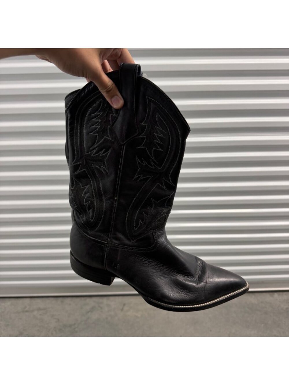 Lucchese Black Leather Cowboy Boots Mens 9.5 Western Pointed Toe Stitching Detai